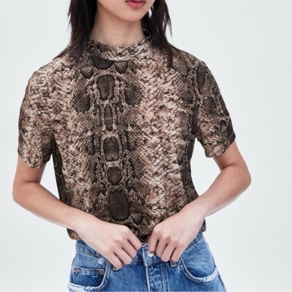 Zara Tan Snake Print Short Sleeve semi sheer stretchy Tee